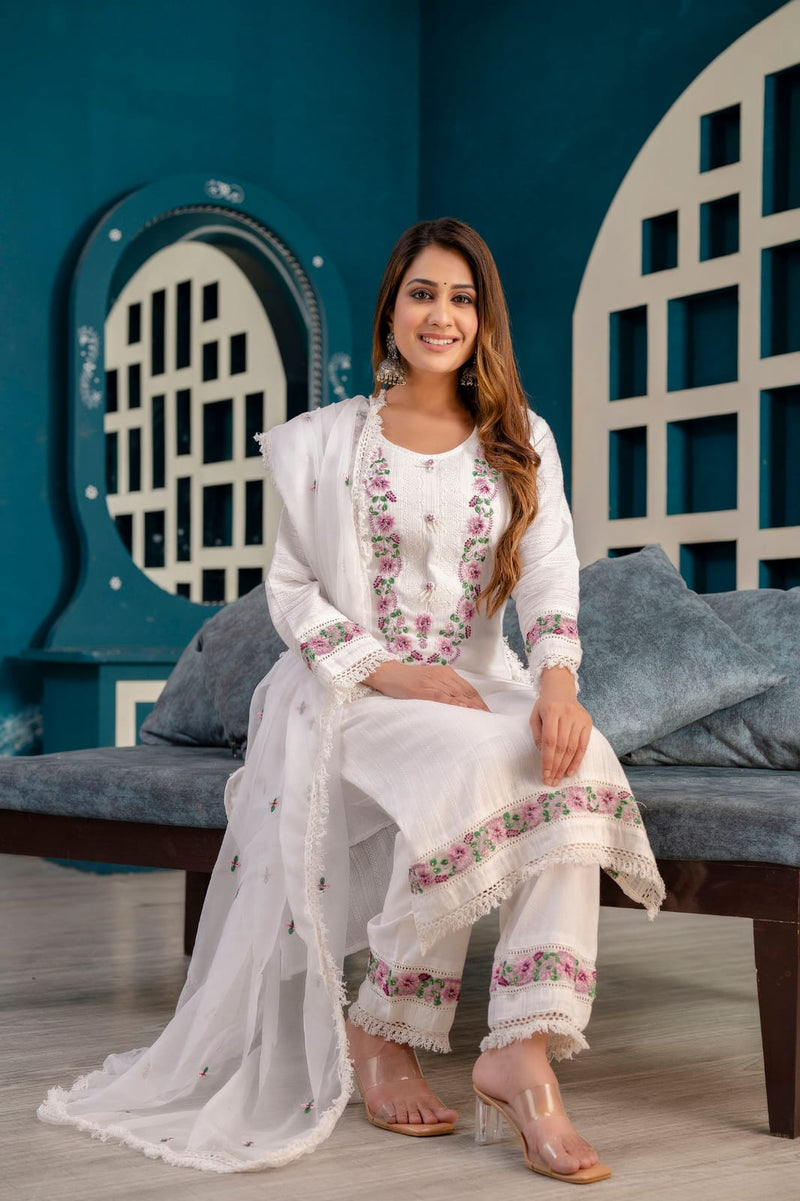 Floral White Embroidered Suit With Dupatta