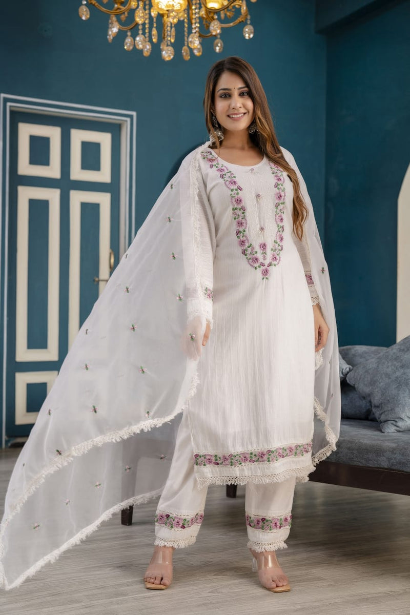 Floral White Embroidered Suit With Dupatta