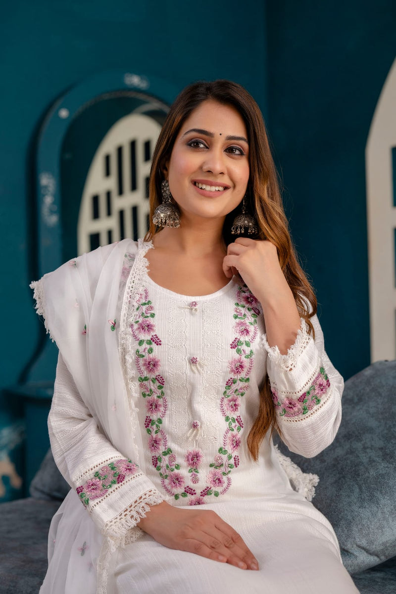 Floral White Embroidered Suit With Dupatta