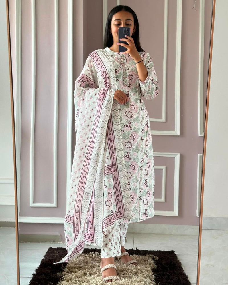 Floral Printed White Suit With Dupatta