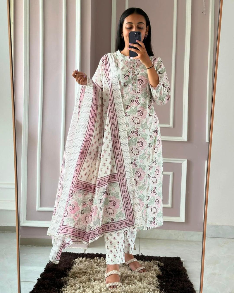 Floral Printed White Suit With Dupatta