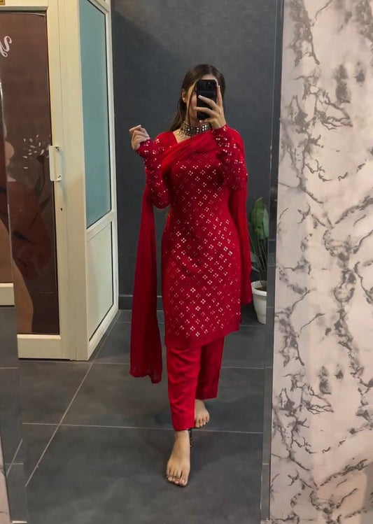 Elegant Red Embroidered Suit With Dupatta