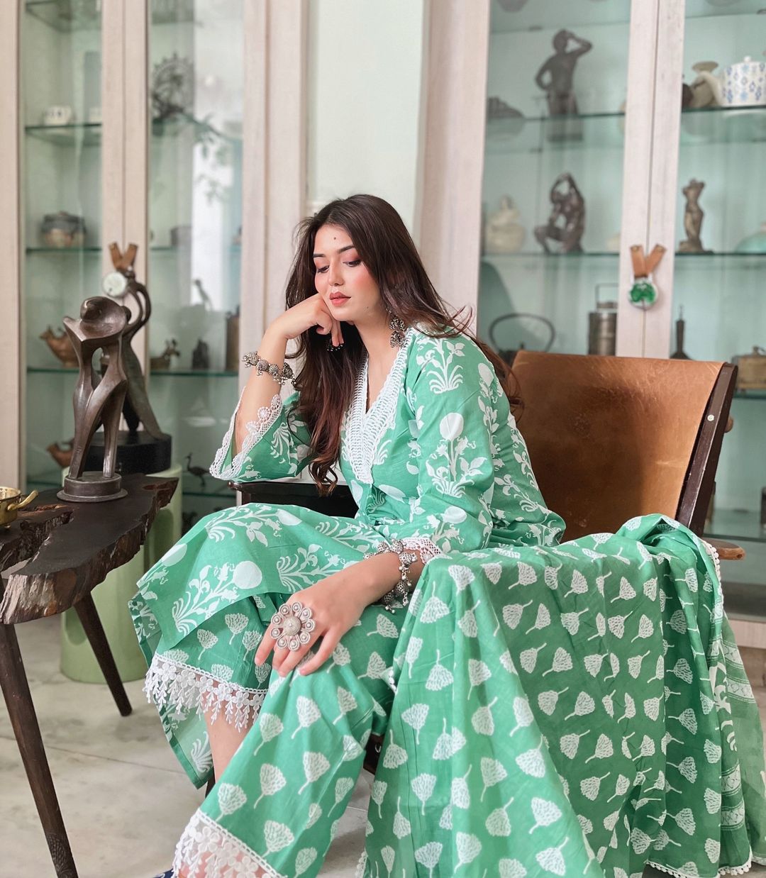 Classic V-Neck Printed Suit With Dupatta