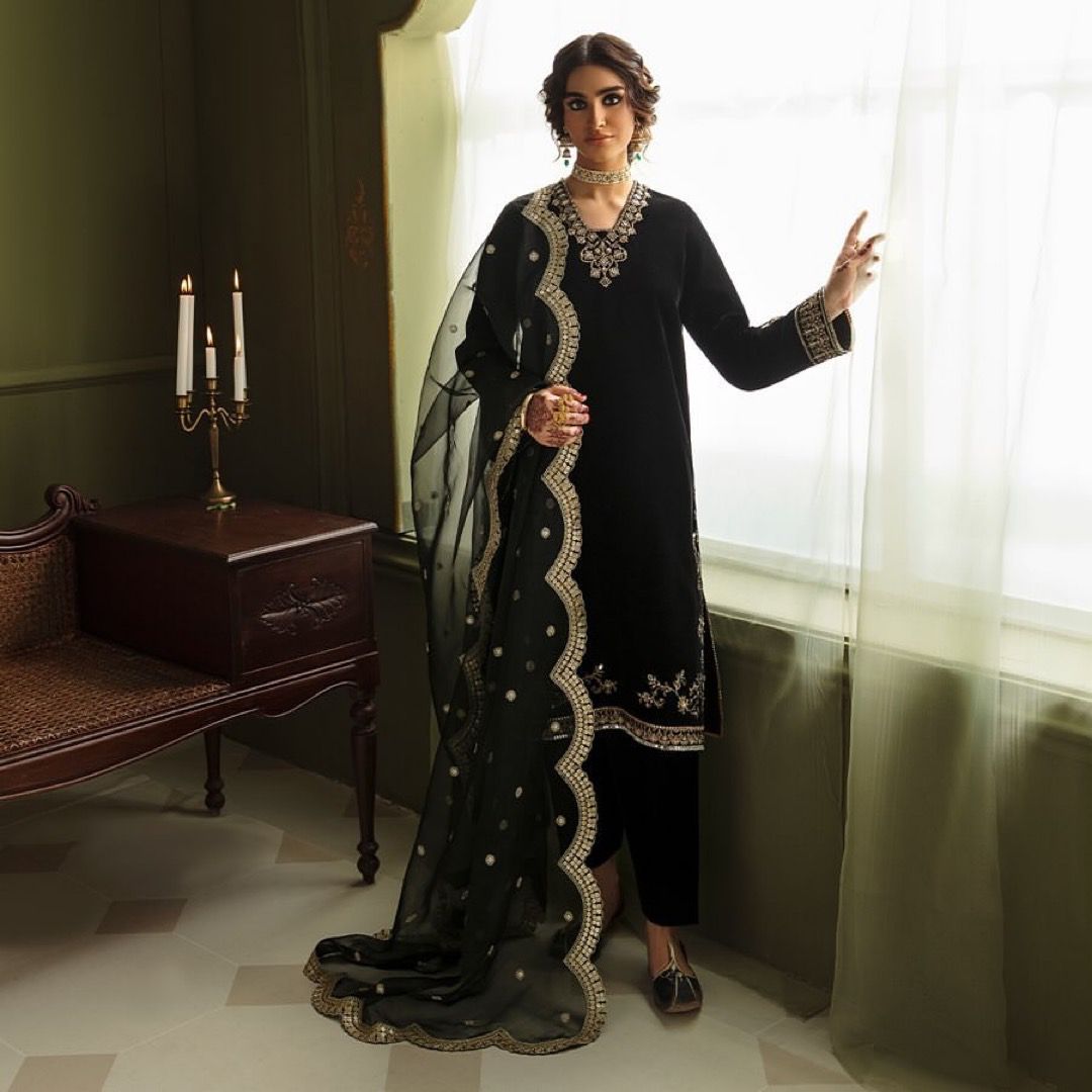 Designer Black Velvet Embroidered Suit With Dupatta