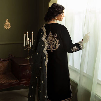 Designer Black Velvet Embroidered Suit With Dupatta