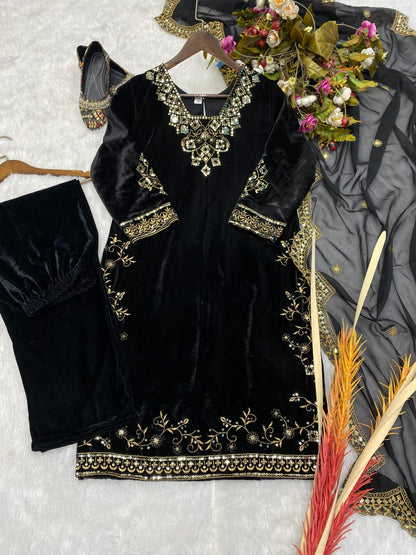 Designer Black Velvet Embroidered Suit With Dupatta