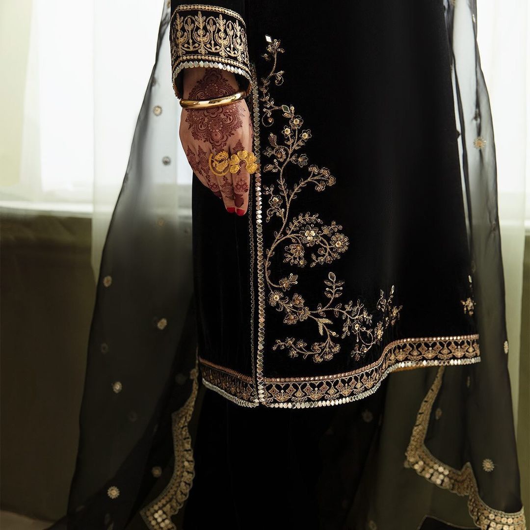 Designer Black Velvet Embroidered Suit With Dupatta