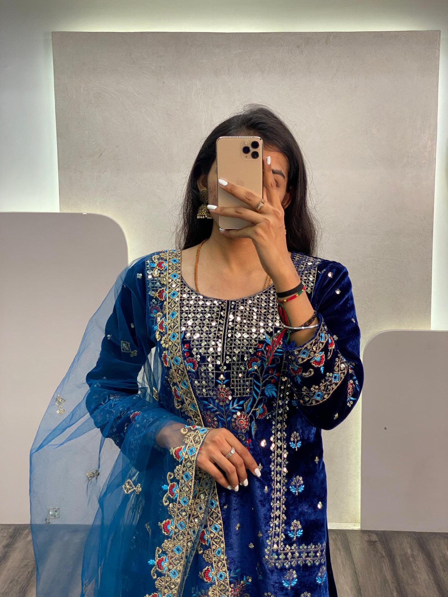 Heavy Blue Velvet Embroidered Suit With Dupatta