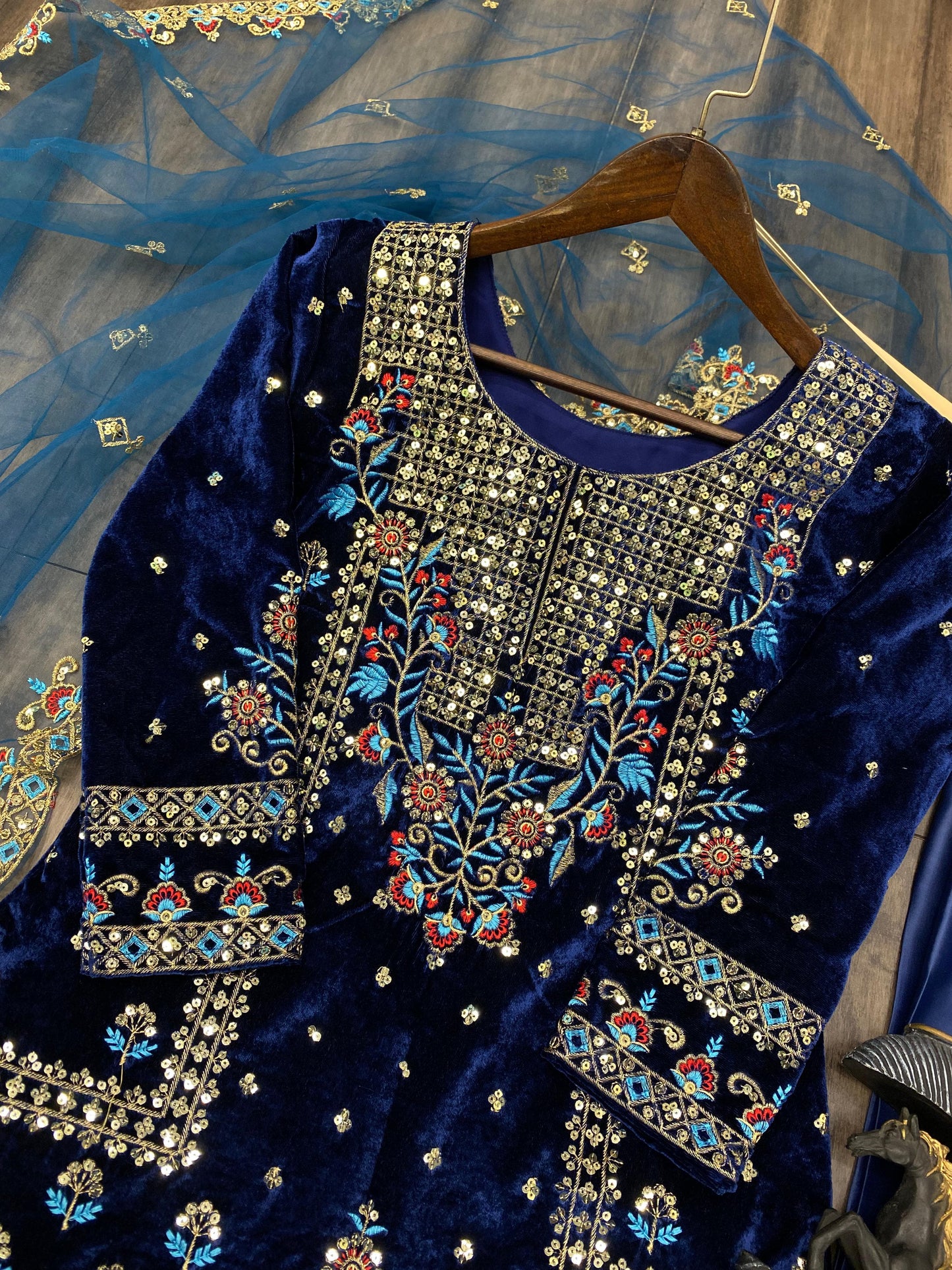 Heavy Blue Velvet Embroidered Suit With Dupatta