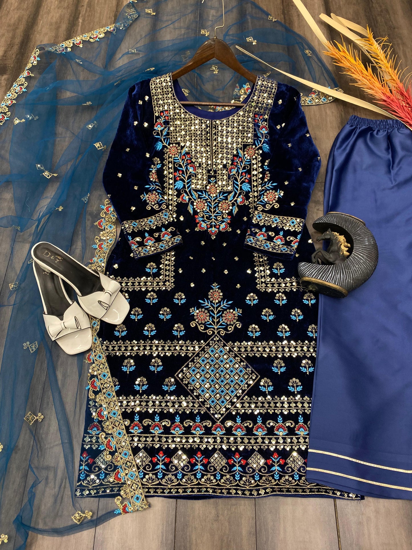 Heavy Blue Velvet Embroidered Suit With Dupatta