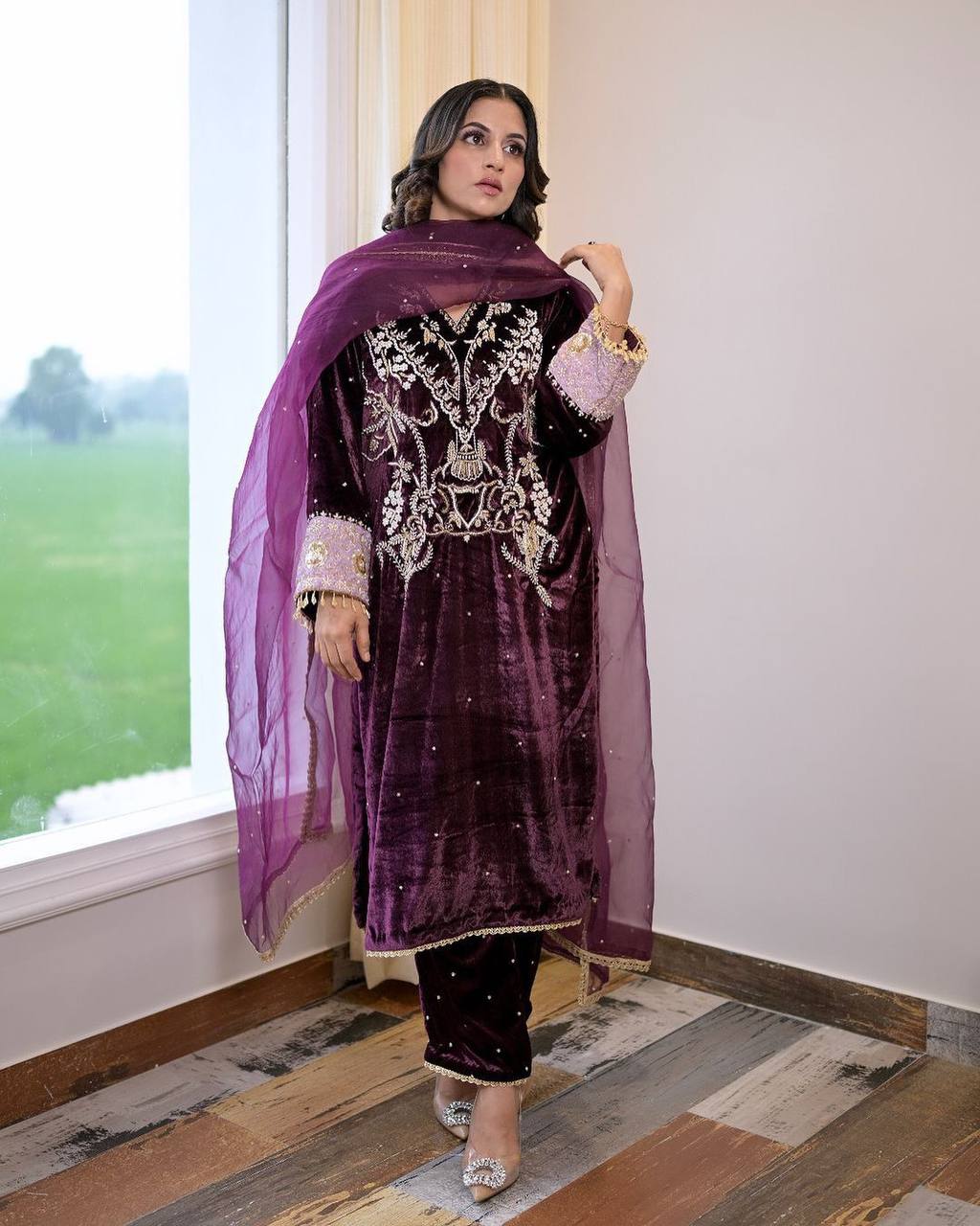 Stylish Velvet Designed Suit With Dupatta