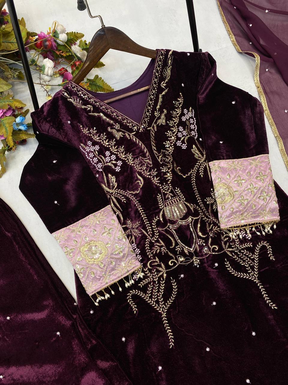 Stylish Velvet Designed Suit With Dupatta