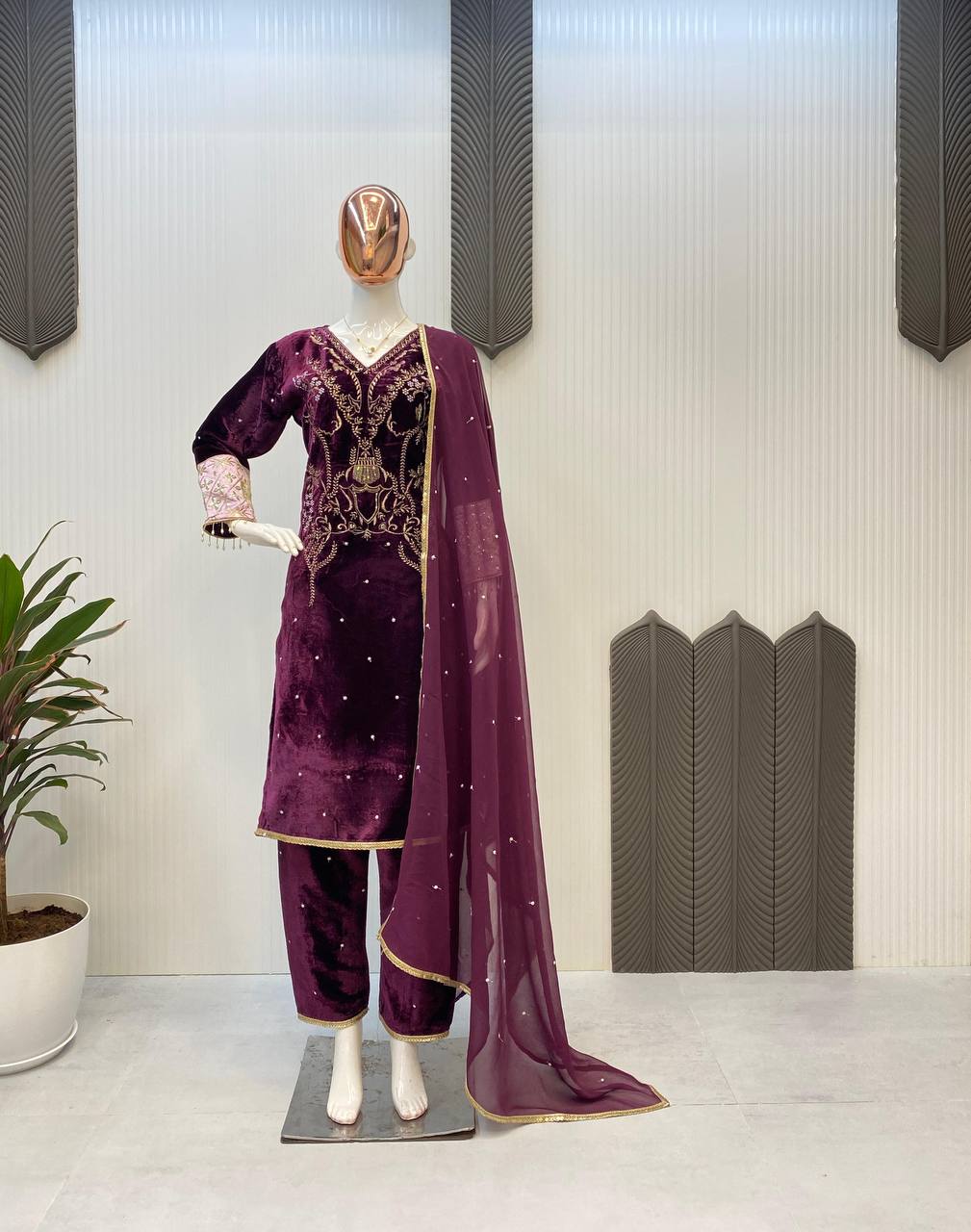 Stylish Velvet Designed Suit With Dupatta