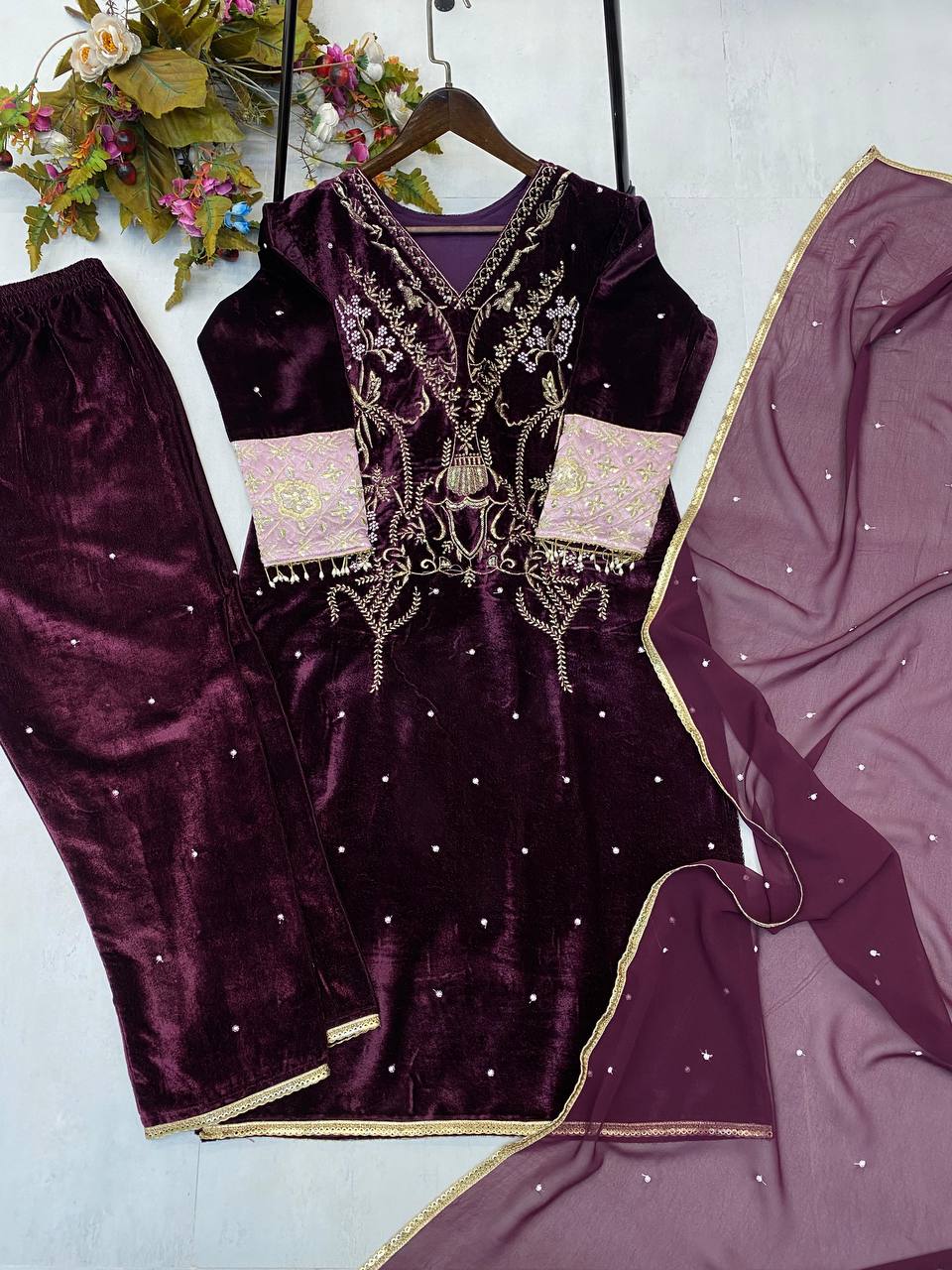 Stylish Velvet Designed Suit With Dupatta