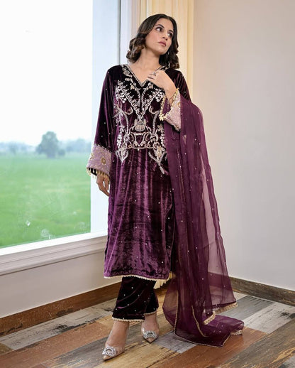 Stylish Velvet Designed Suit With Dupatta