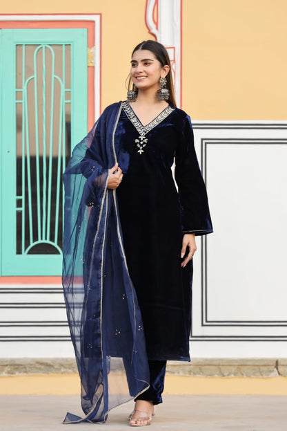 Elegant Navy Blue Embroidered Suit With Dupatta