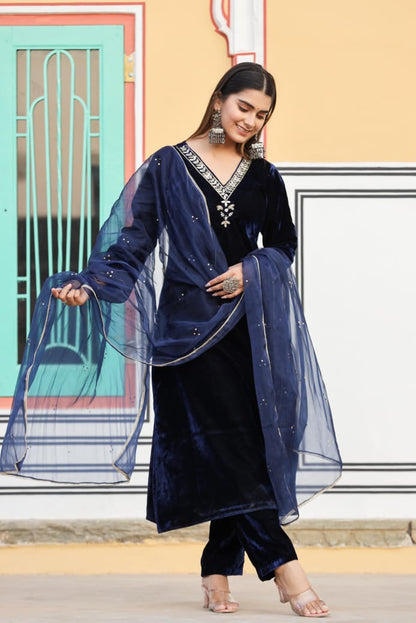 Elegant Navy Blue Embroidered Suit With Dupatta