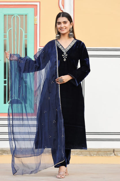 Elegant Navy Blue Embroidered Suit With Dupatta