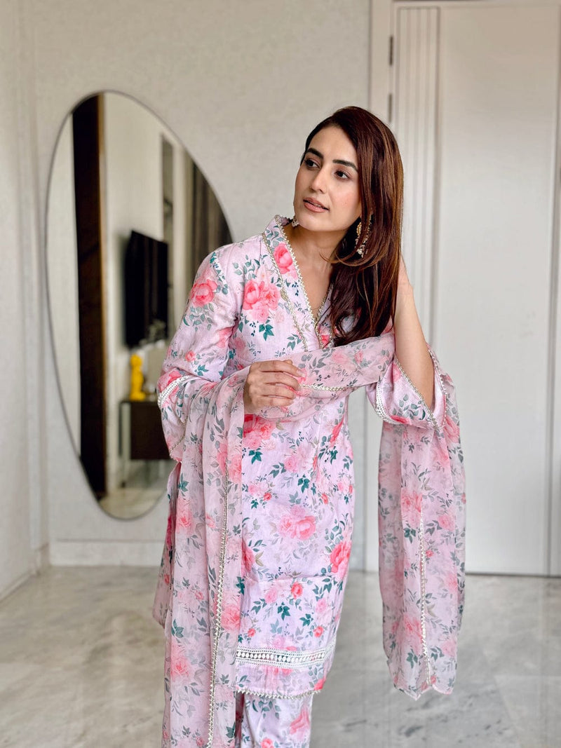 Designer Floral Muslin Suit With Dupatta