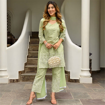 Green Chikenkari Embroidered Suit With Dupatta