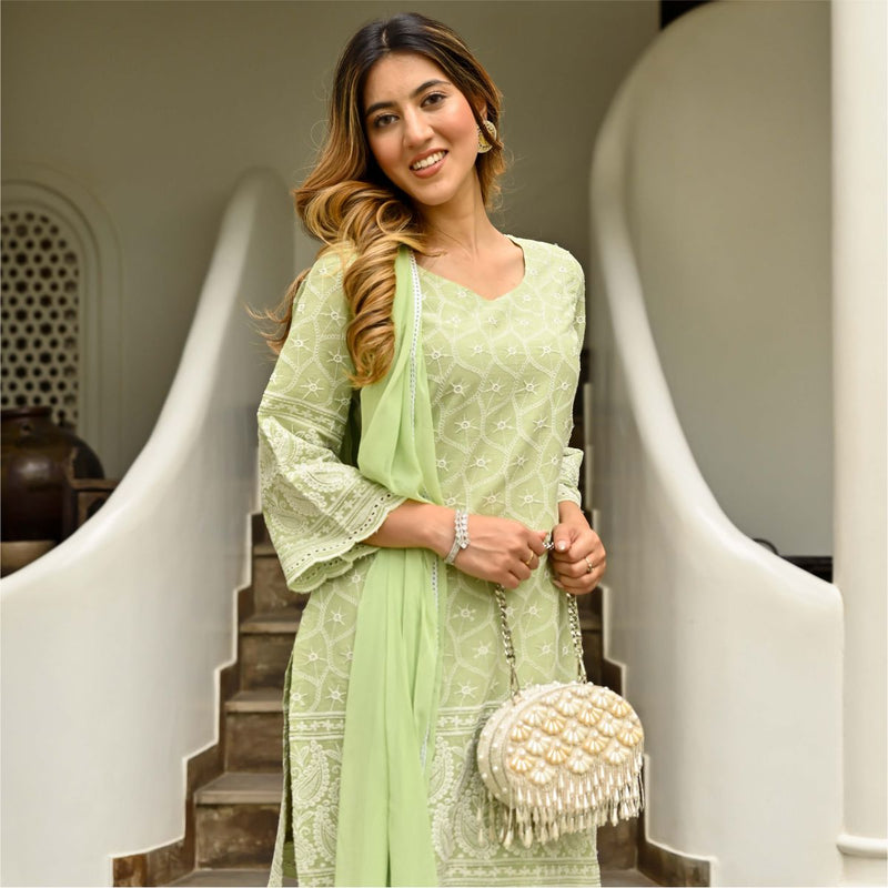 Green Chikenkari Embroidered Suit With Dupatta