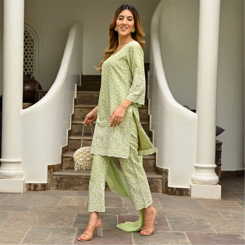 Green Chikenkari Embroidered Suit With Dupatta