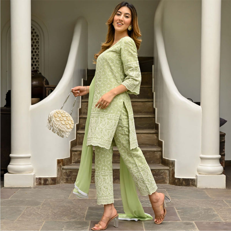 Green Chikenkari Embroidered Suit With Dupatta