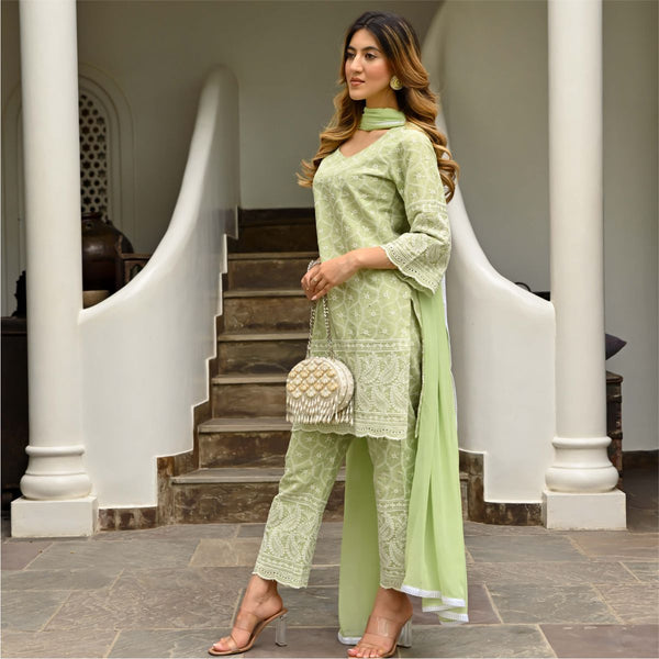 Green Chikenkari Embroidered Suit With Dupatta