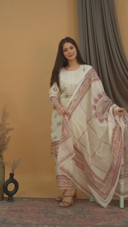 Beautiful Traditional Printed White Suit with Dupatta