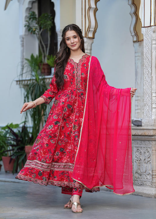 Designer Red Anarkali Suit With Dupatta