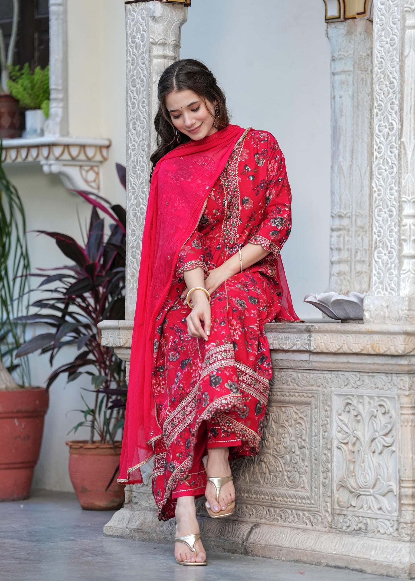 Designer Red Anarkali Suit With Dupatta