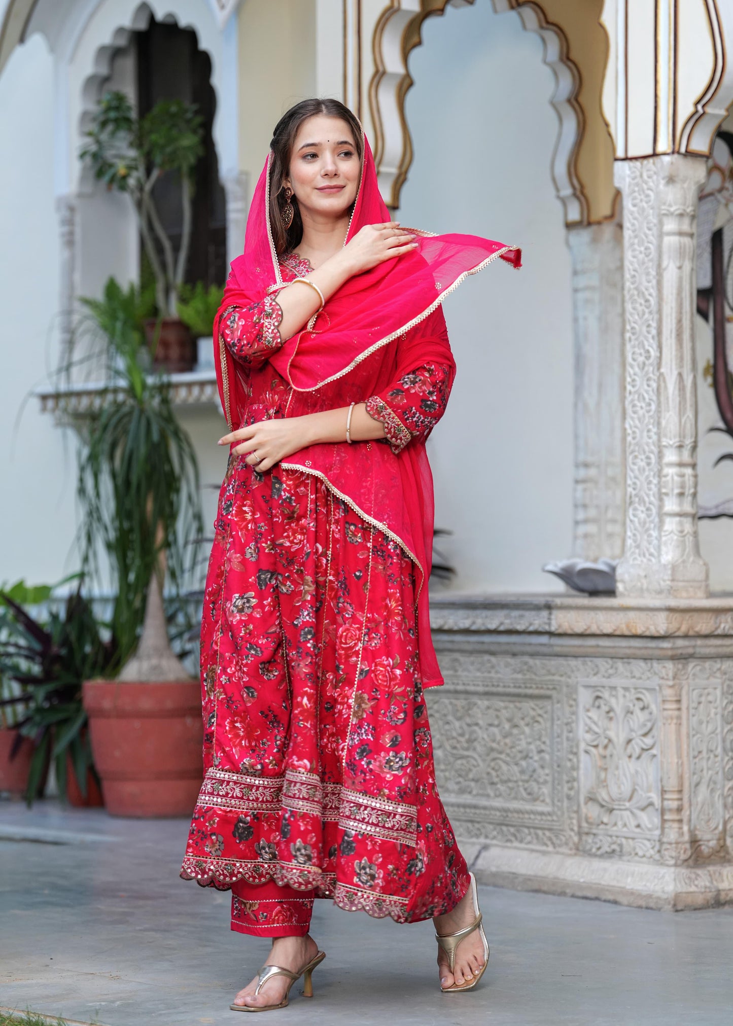 Designer Red Anarkali Suit With Dupatta