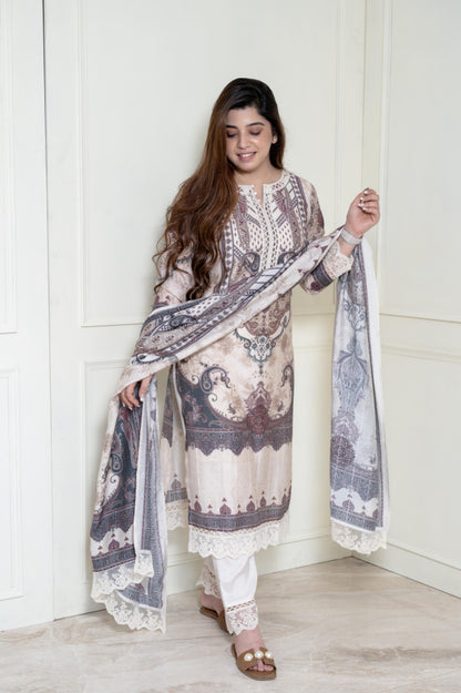 Beautiful Ivory Embroidered Suit With Dupatta