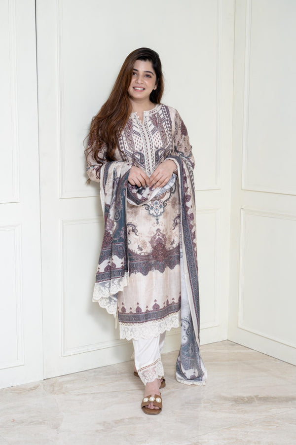 Beautiful Ivory Embroidered Suit With Dupatta