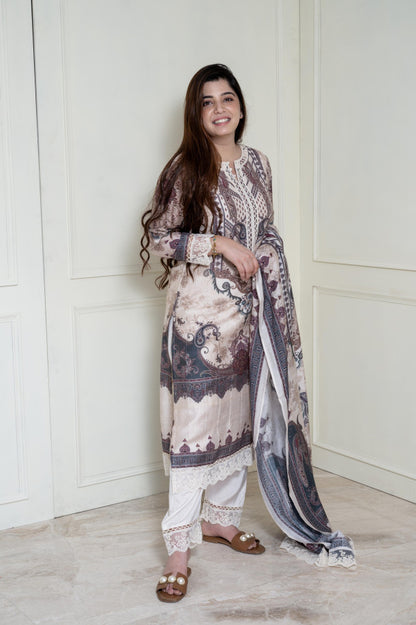 Beautiful Ivory Embroidered Suit With Dupatta