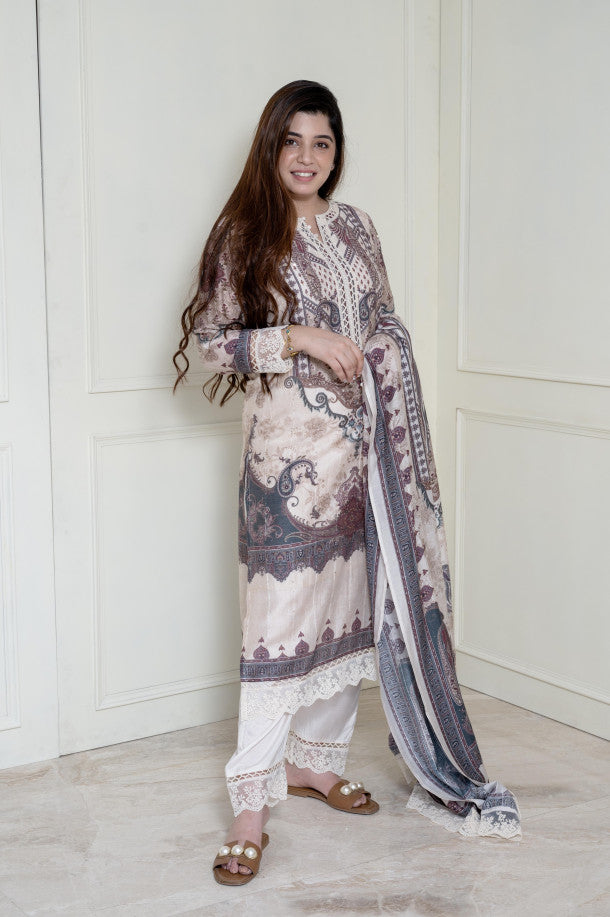 Beautiful Ivory Embroidered Suit With Dupatta