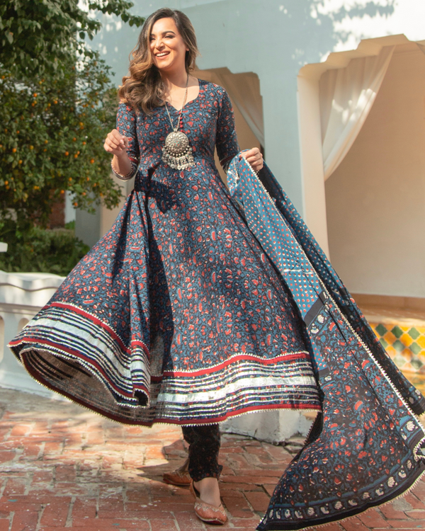 BLUE FLOWER HANDBLOCK SUIT WITH DUPATTA