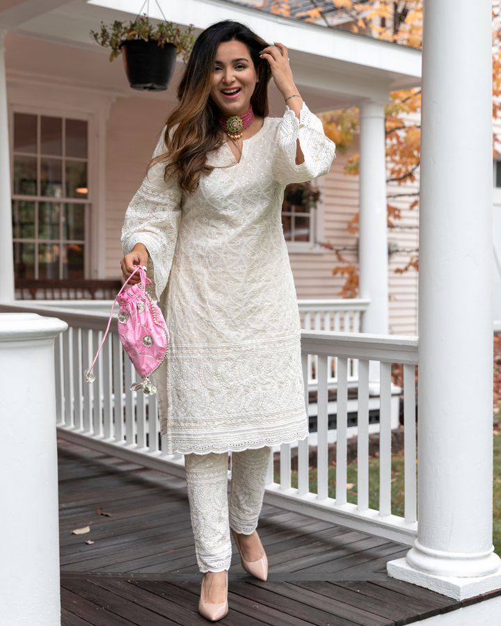 WHITE EMBROIDERED KURTA SET