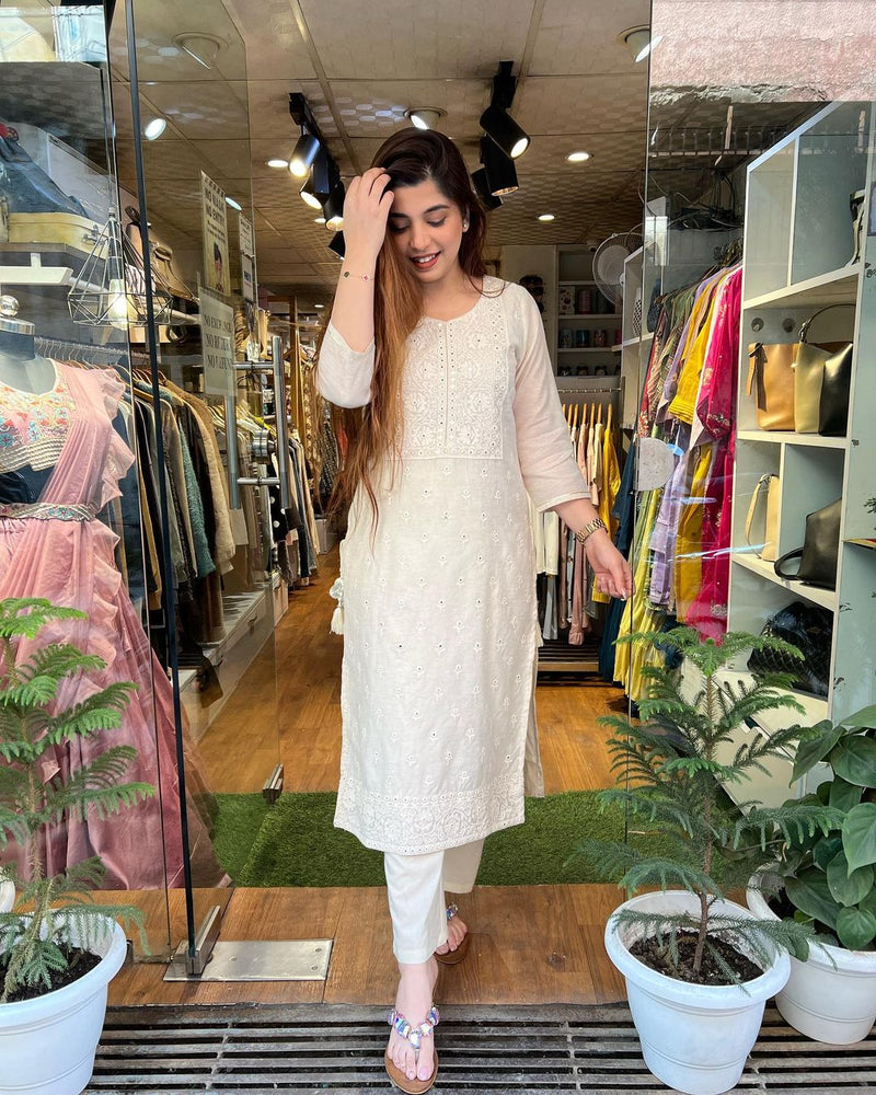 Beautiful White Chanderi kurta with pant