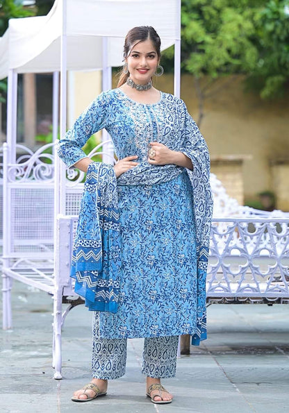 Floral Cotton Kurti With Pant and Dupatta