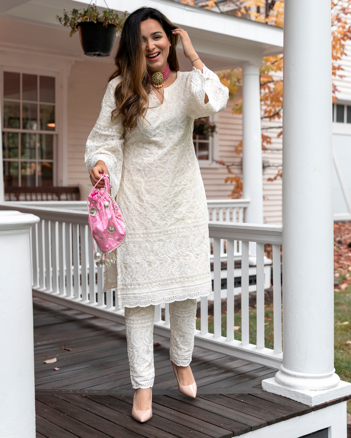 WHITE EMBROIDERED KURTA SET