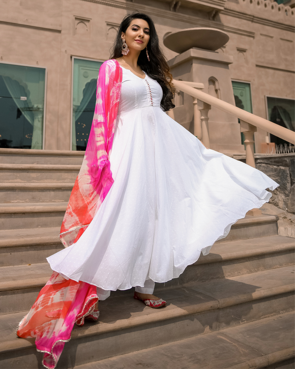 Designer Anarkali Leheriya White Suit With Dupatta