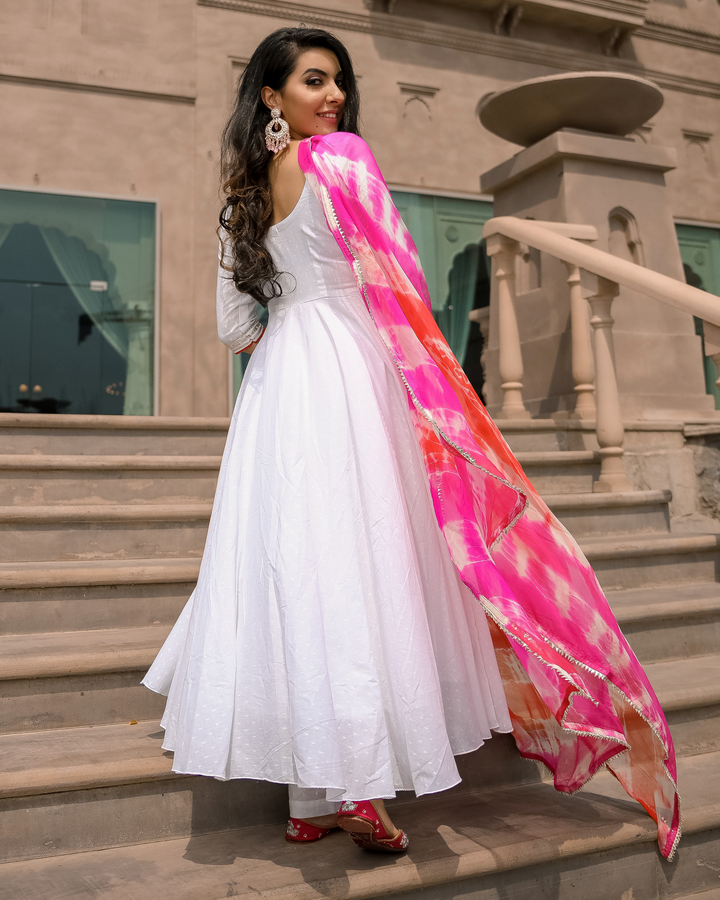 Designer Anarkali Leheriya White Suit With Dupatta