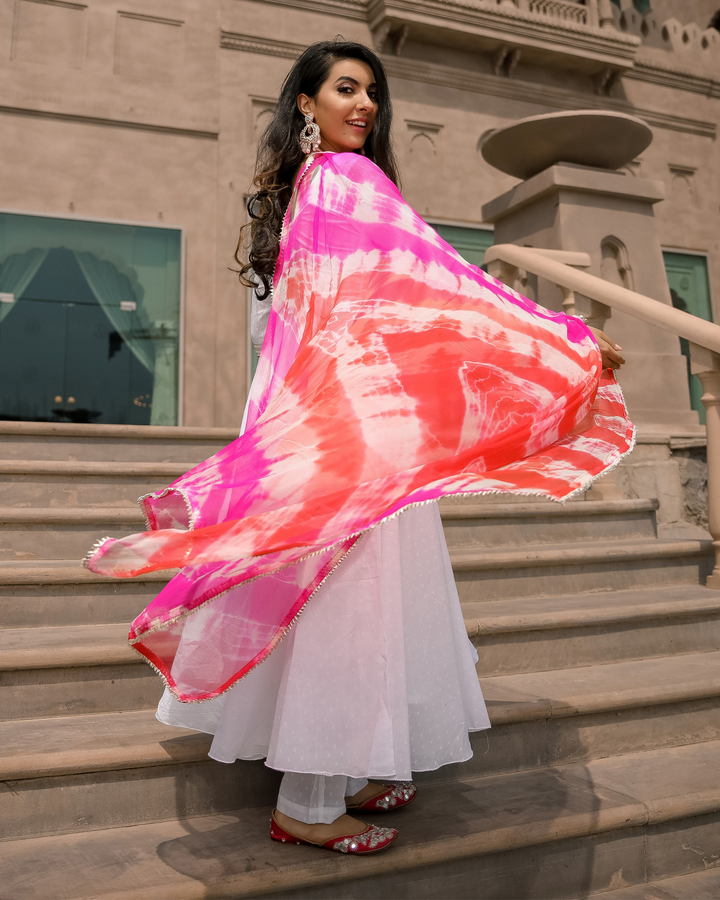 Designer Anarkali Leheriya White Suit With Dupatta