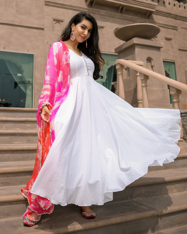 Designer Anarkali Leheriya White Suit With Dupatta