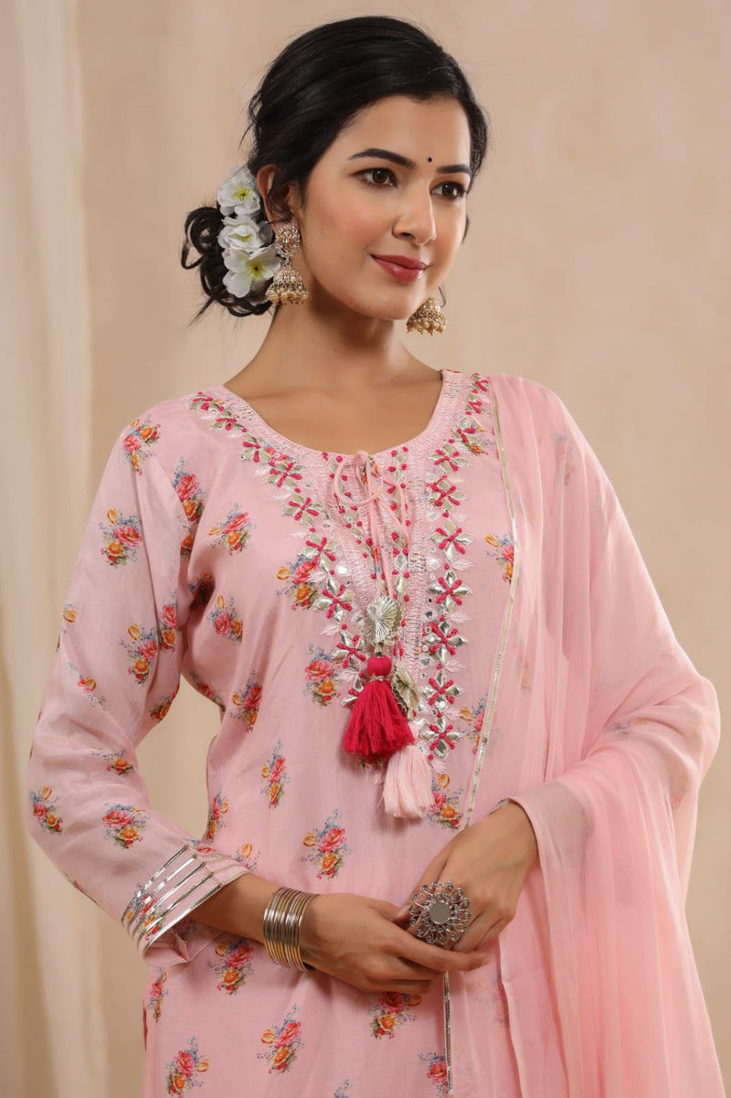 PINK FLORAL PRINT COTTON KURTI SHARARA WITH DUPATTA