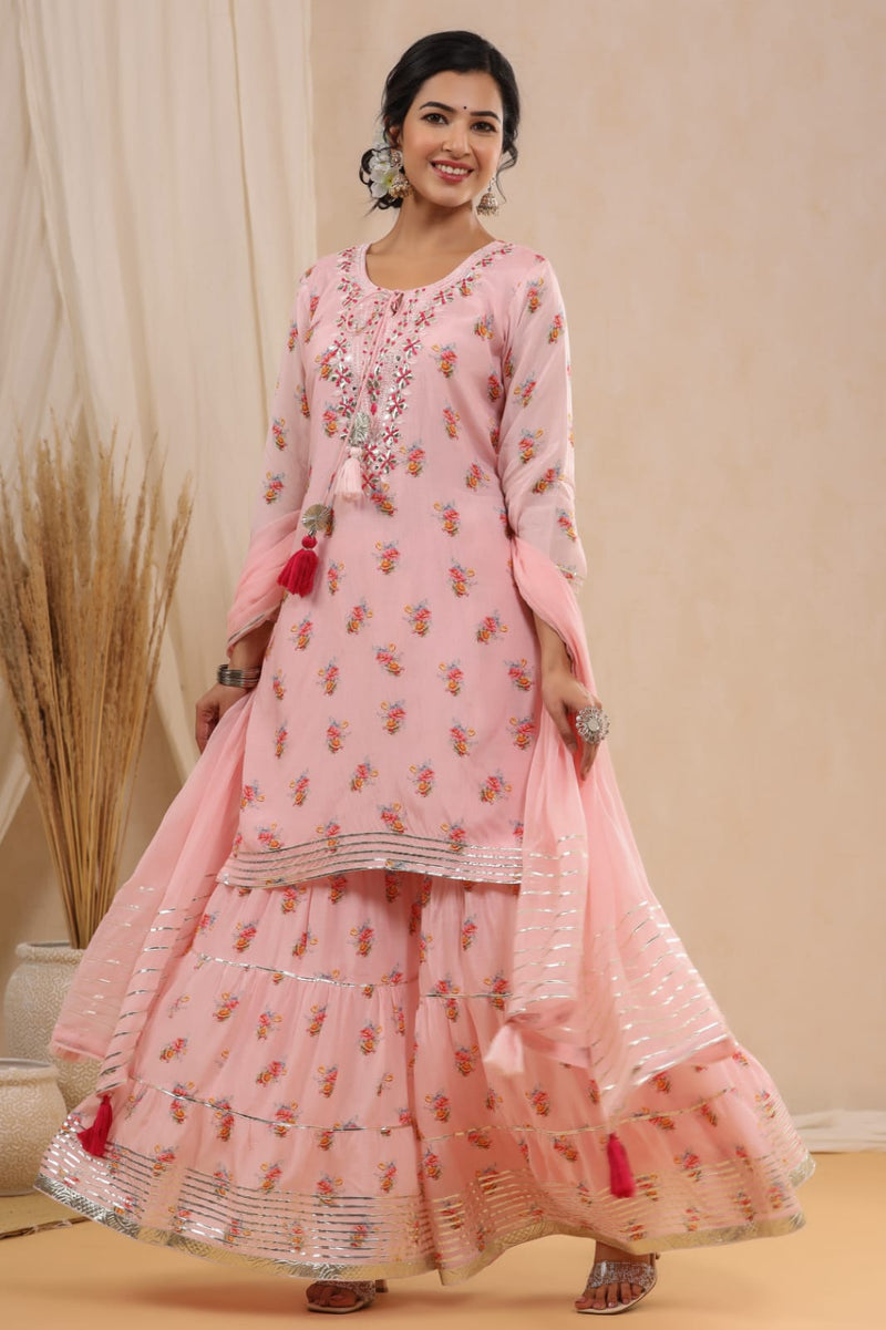 PINK FLORAL PRINT COTTON KURTI SHARARA WITH DUPATTA