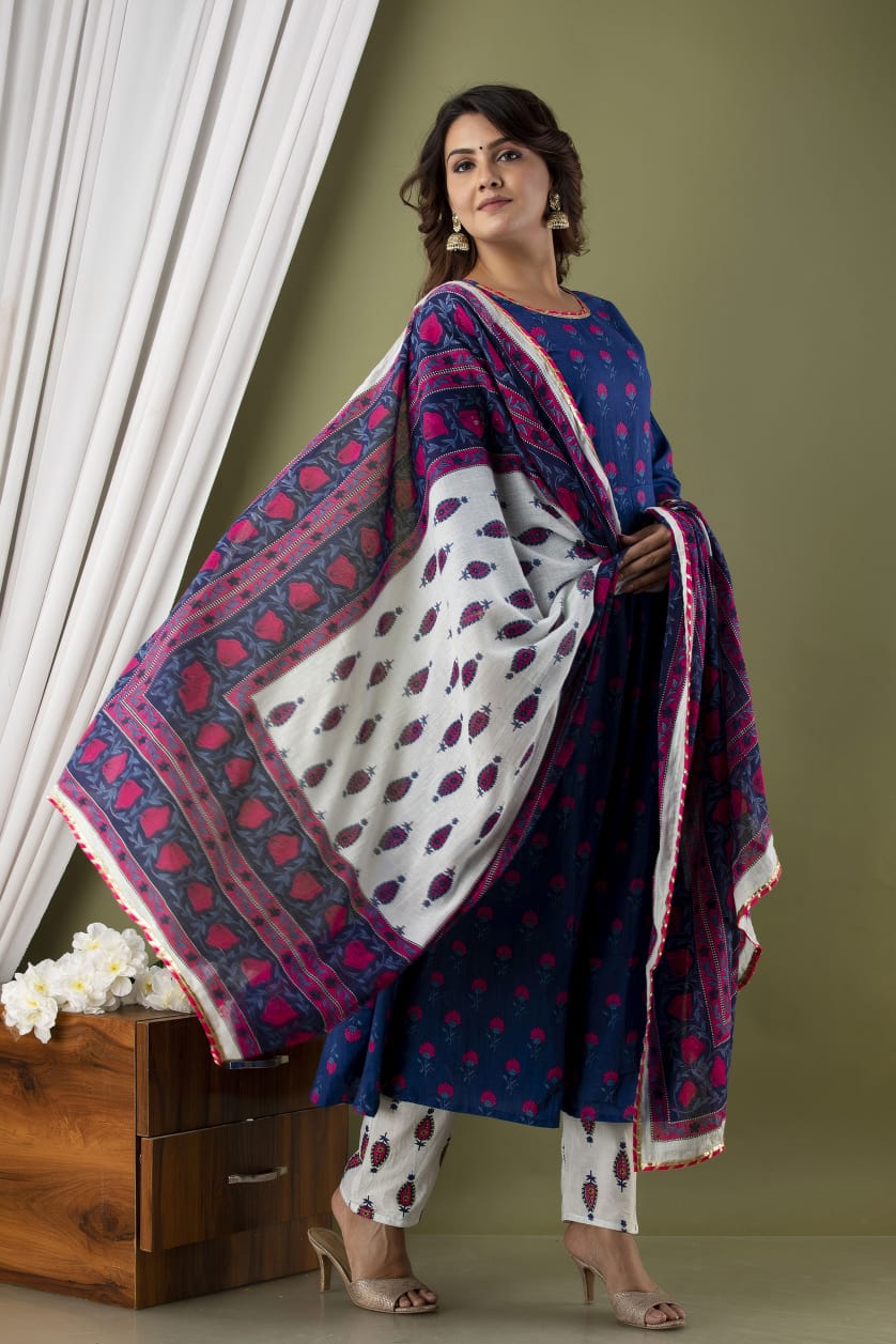 Royal Blue &Pink Floral Suit With Dupatta