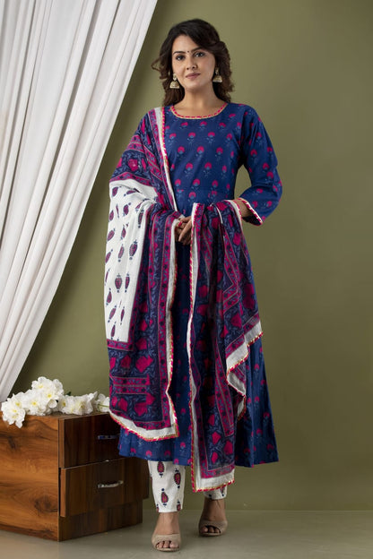 Royal Blue &Pink Floral Suit With Dupatta