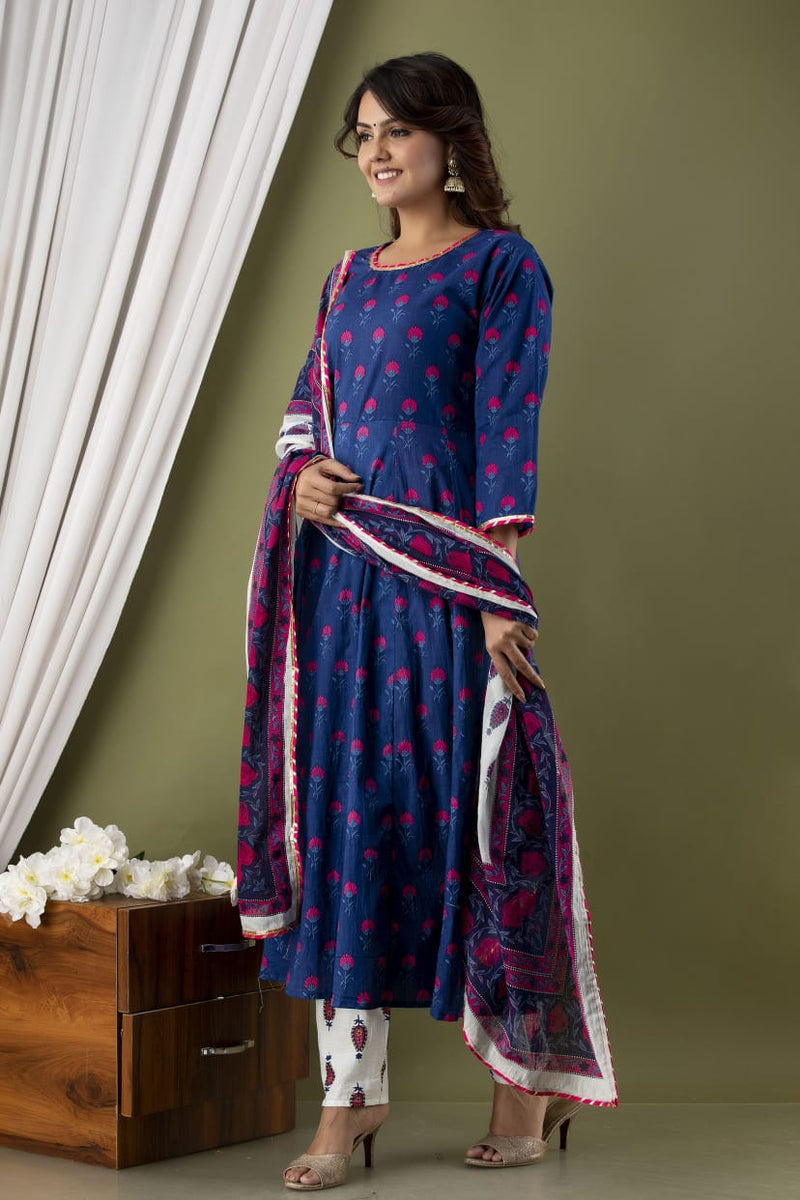 Royal Blue &Pink Floral Suit With Dupatta